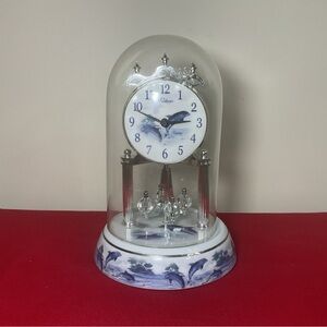 Waltham Dolphin Anniversary Clock Under Glass Dome Spinning Pendulum Working